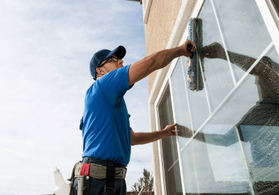 A guy cleaning an exterior window