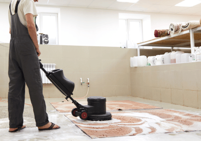 A guy holding a cleaning equipment while scrubbing a carpet