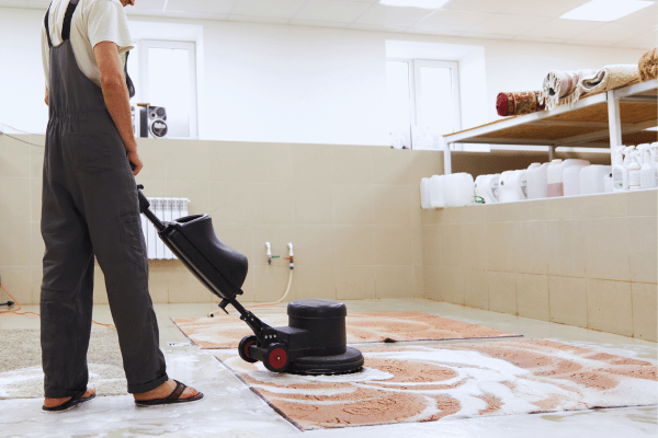 A guy holding a cleaning equipment while scrubbing a carpet