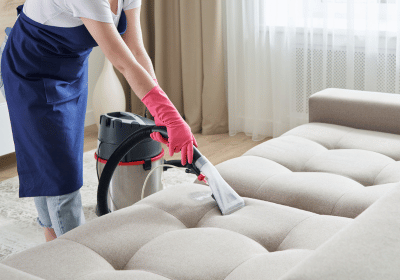 A sofa getting clean by a person