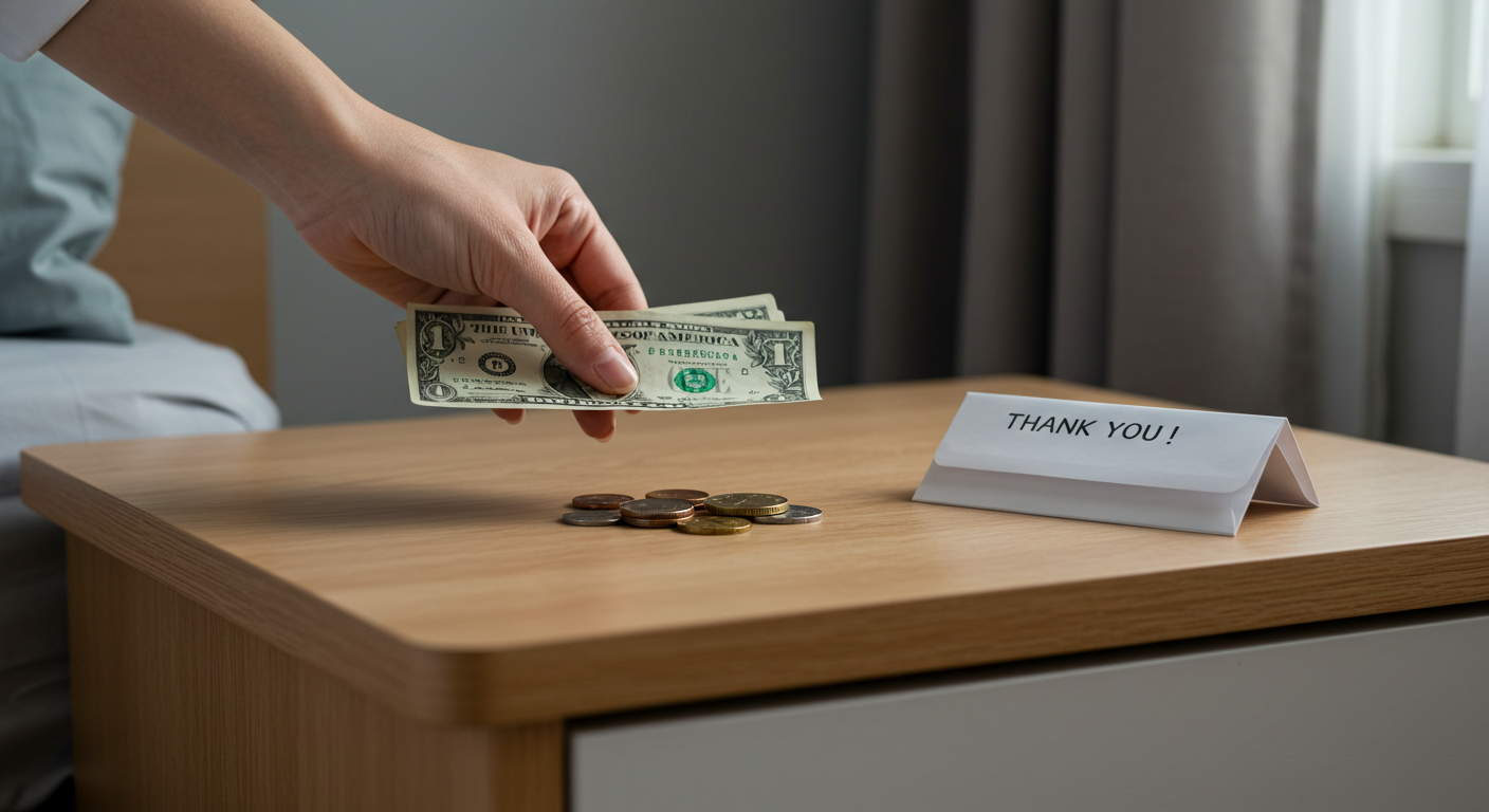 A hand placing a few dollar bills and coins on a nightstand next to a checklist or tip envelope labeled “Thank you”