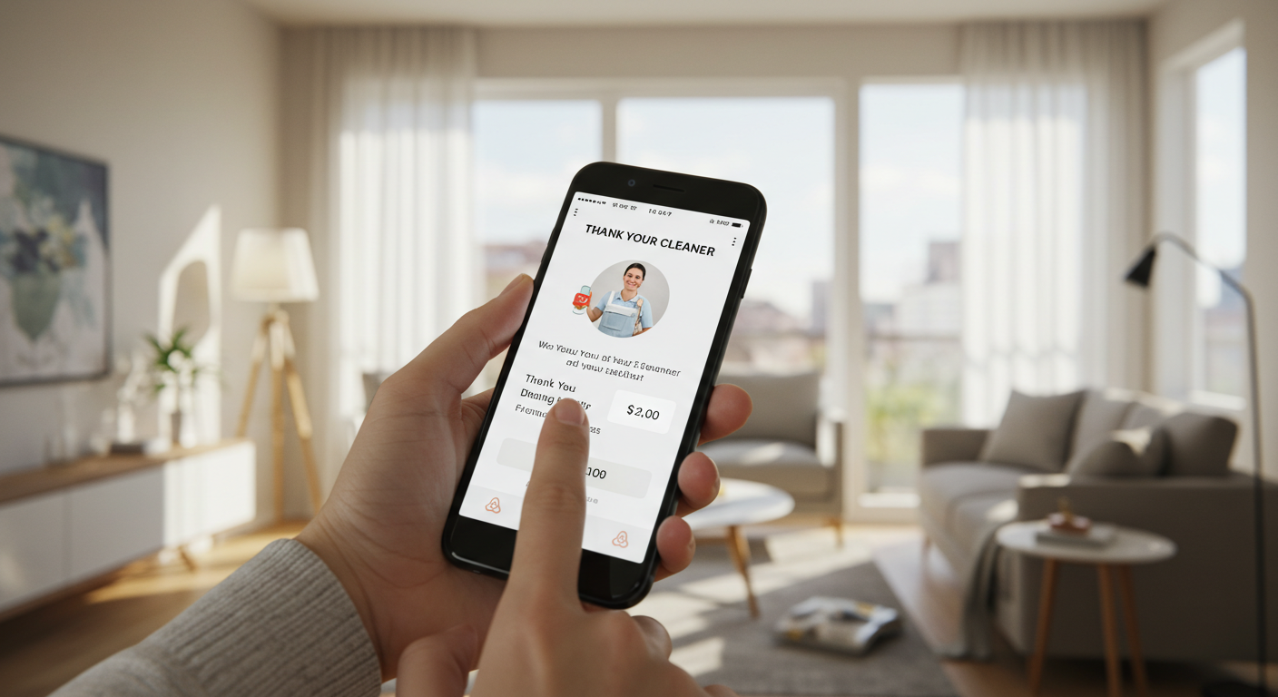 A guest sending a tip through a phone app with a “Thank your cleaner” screen visible.