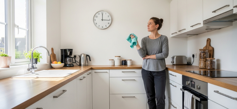 Woman Thinking About Cleaning Schedule