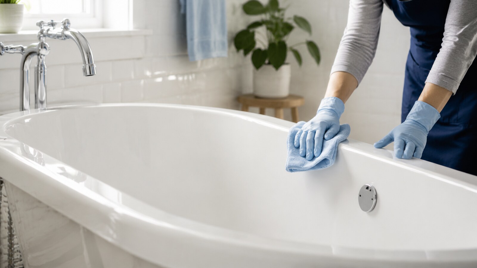 Cleaner wiping a white bathtub with a microfiber cloth