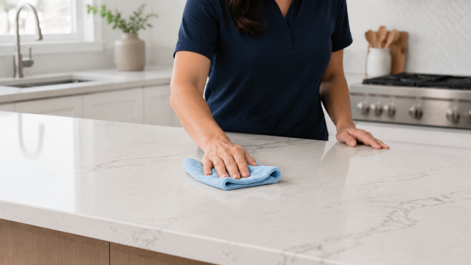 Cleaner wiping a light quartz kitchen island with a microfiber cloth