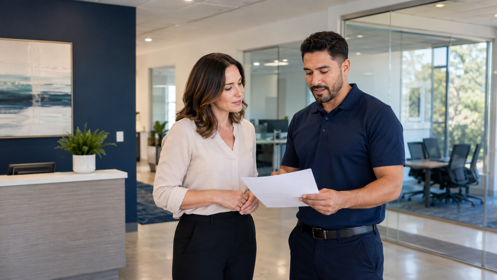 Office manager reviewing a cleaning scope with a professional cleaner